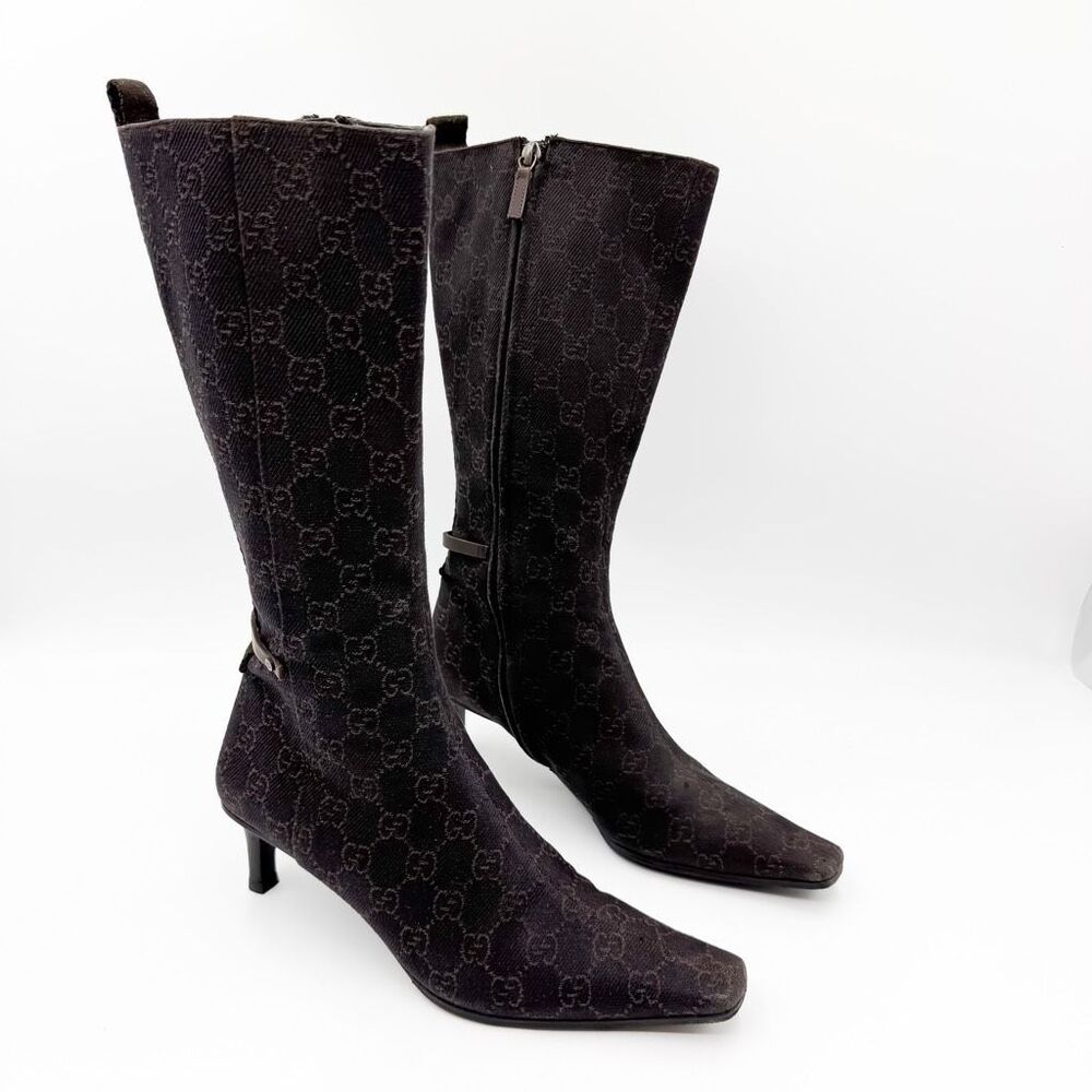 Gucci GG Monogram Canvas Tall Boots Dark Brown Heels Size 8